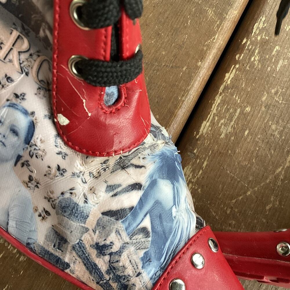 Y2K Red Stiletto Lace Up Pointy Ankle Graphic  Fredericks of Hollywood Boots 7.5 - Picture 2 of 8
